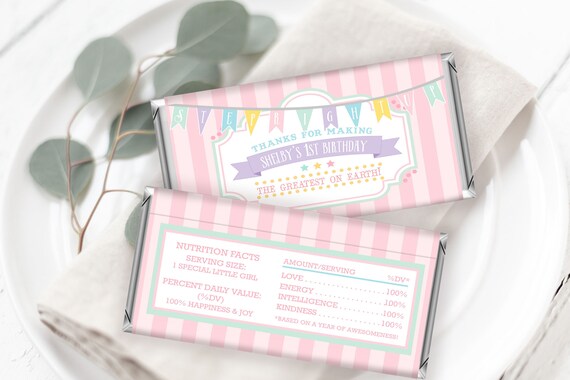 PRINTABLE Pastel Circus/Carnival Chocolate Bar Wrappers- Pink Stripes | Hershey Candy Bar Wrappers | Edit Text in Corjl Design App Il_570xn