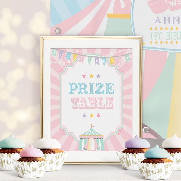 PRINTABLE Pastel Circus/Carnival Prize Table Sign- Pink Burst | Include 8 x 10 and 11 x 14 Sizes | Edit Text in Corjl Design App