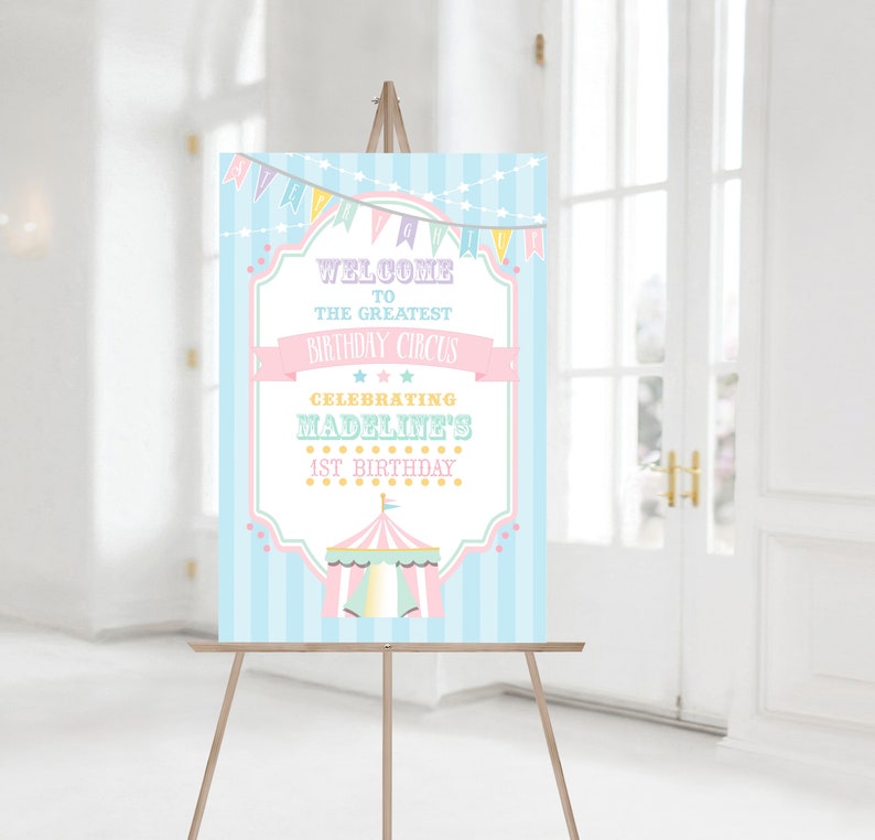 PRINTABLE Pastel Circus/Carnival Welcome Sign Blue Stripes 8 Sizes Included Edit Text in Corjl, Download and Print image 1