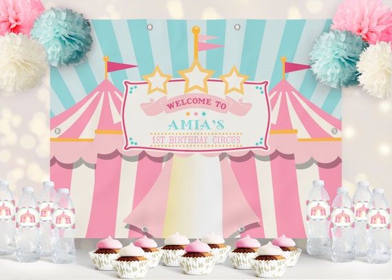 PRINTABLE Pink & Teal Circus/Carnival Backdrop | 4' Feet Tall x 6' Feet Wide | Customer Can Edit Text in Corjl App Il_570xn