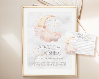 PRINTABLE Over the Moon Advice & Wishes Signs and Cards- Pink | 8 x 10 and 11 x 14 Signs | 3 1/2" x 5" Cards  | Edit Text in Corjl