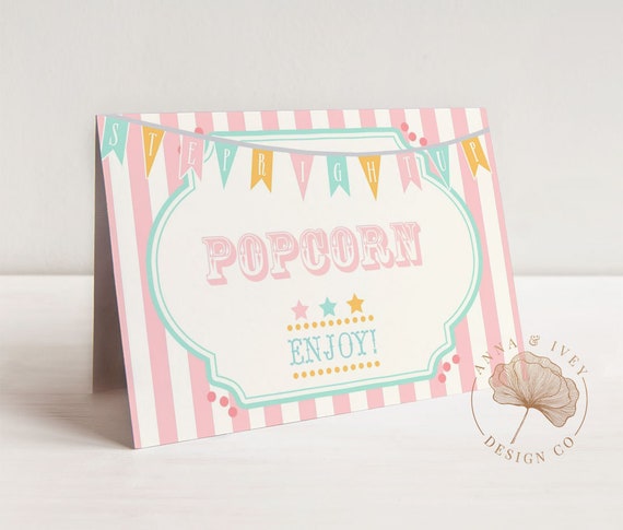 PRINTABLE Pink & Mint Circus/Carnival Buffet/Food Cards- Pink Stripes | Place or Name Cards | Edit Text in Corjl Design App Il_570xn