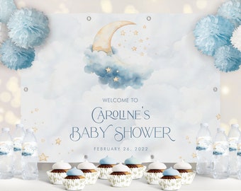 PRINTED VINYL Over the Moon Baby Shower Backdrop- Blue | Measures 4' x 6' | Personalized, Printed, Shipped