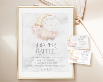 PRINTABLE Over the Moon Diaper Raffle Signs & Cards- Pink | 8 x 10 and 11 x 14 Signs | 2 1/4" x 3 1/2" Cards | Fully Editable Text