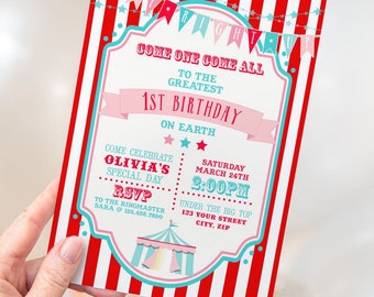 PRINTABLE Red & Pink Circus/Carnival Invitation- Stripe | Circus Birthday | Fully Editable Text | Edit Text in Corjl Design App