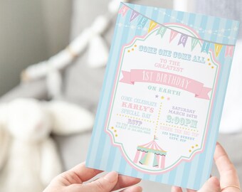 PRINTABLE Pastel Circus/Carnival Invitation- Blue Stripe | Fully Editable Text | Edit Text in Corjl Design App