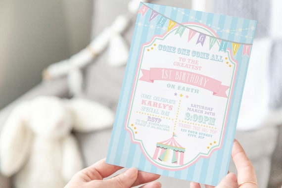 PRINTABLE Pastel Circus/Carnival Invitation- Blue Stripe | Fully Editable Text | Edit Text in Corjl Design App Il_570xn