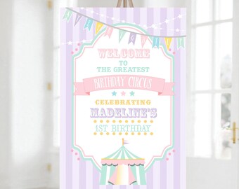 PRINTED Pastel Circus/Carnival Welcome Vertical Sign- Purple Stripes | Choose Size | Poster or Foam Core | Personalized, Printed, Shipped