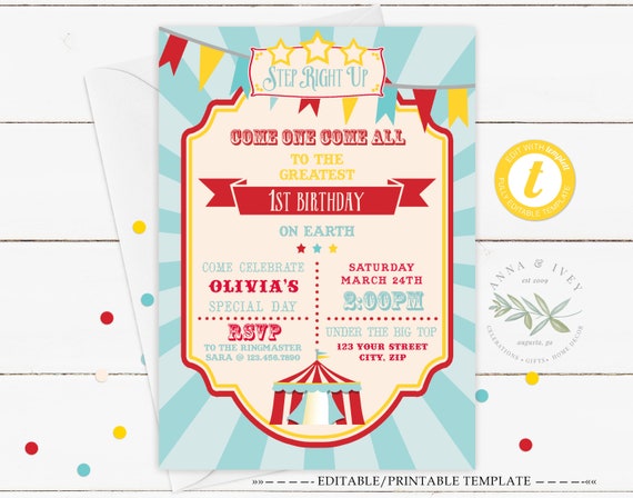 Printable Circus/Carnival Invitation- Blue, Birthday, School Carnival, Church Carnival, Edit in Your Browser, Instant Download, TEMPLETT Il_570xn