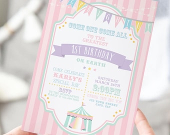 Pastel Circus 1st Birthday Invitation: Pink Stripe, Editable Text (Digital Download)