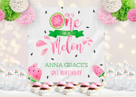 PRINTABLE One in a Melon Watermelon Backdrop | Measures 4' x 4' | Text is Fully Editable by the Customer Using Corjl Design App Il_570xn