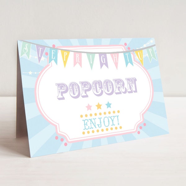 PRINTABLE Pastel Circus/Carnival Buffet/Food Cards- Blue Burst | Place or Name Cards | Edit Text in Corjl Design App