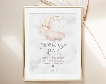 PRINTABLE Over the Moon Mom-osa Bar Sign- Pink | 8 x 10 and 11 x 14 Sizes Included | Edit Text in Corjl Design App