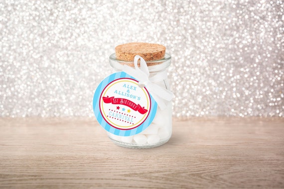 PRINTABLE Bright Red Circus/Carnival Round Labels or Tags- Blue Stripe | Includes 2 1/2" and 1 1/2" Sizes | Edit Text in Corjl Design App Il_570xn