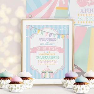 PRINTABLE Pastel Circus/Carnival Welcome Sign Blue Stripes 8 Sizes Included Edit Text in Corjl, Download and Print image 2