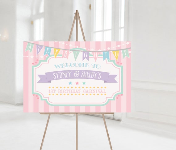 PRINTED Pastel Circus/Carnival Welcome Horizontal Sign- Pink Stripes | Choose Size | Poster or Foam Core | Personalized, Printed, Shipped Il_570xn