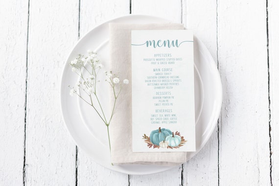 Printable Editable Blue Pumpkins Menu Cards Thanksgiving Menu Fall Birthday Baby Shower Menu Cards Simple To Edit And Print By Anna Ivey Catch My Party