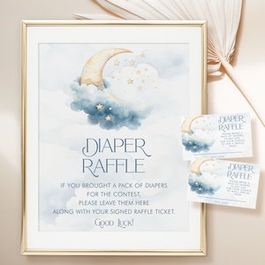 Letrero editable para rifa de pañales "Over the Moon", baby shower de luna azul, decoración imprimible para mesa de ducha, descarga digital, letrero personalizable para ducha
