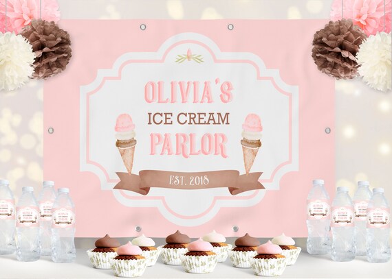 PRINTABLE Ice Cream Party Backdrop- Solid Pink | Measures 4' x 6' | Text is Fully Editable by the Customer Using Corjl Design App Il_570xn