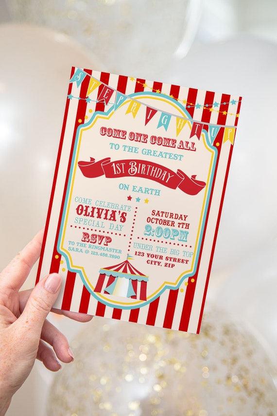 PRINTABLE Dark Red Circus/Carnival Invitation- Red Stripe | Circus Birthday | Fully Editable Text | Edit Text in Corjl Design App Il_570xn