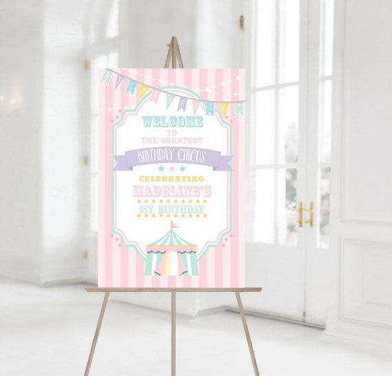 PRINTED Pastel Circus/Carnival Welcome Vertical Sign- Pink Stripes | Choose Size | Poster or Foam Core | Personalized, Printed, Shipped Il_570xn