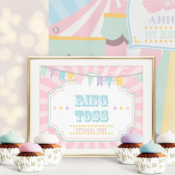 PRINTABLE Pastel Circus/Carnival Game Sign- Pink Burst | Includes 8 x 10 and 11 x 14 | Edit Text in Corjl Design App Il_570xn
