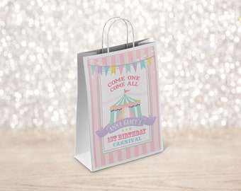 PRINTABLE Pastel Circus/Carnival Gift Bag Label- Pink Stripes | 6" x 8" | Edit Text in Corjl, Download and Print!