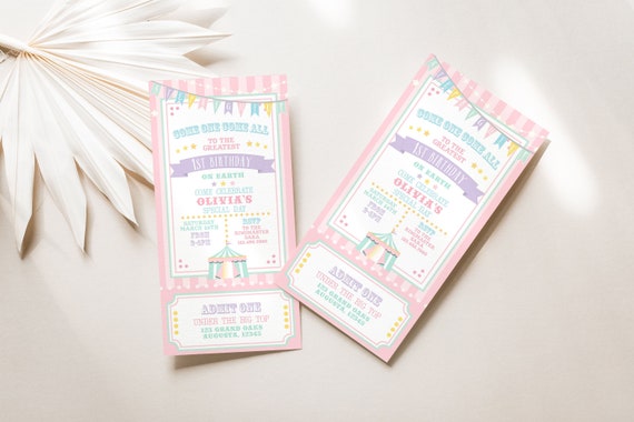 PRINTABLE Pastel Circus/Carnival Ticket Invitation- Pink Stripes | Fully Editable Text | Edit Text in Corjl, Download and Print! Il_570xn