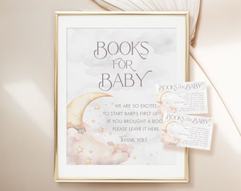 PRINTABLE Over the Moon Books for Baby Signs & Cards- Pink | 8 x 10 and 11 x 14 Signs | 2 1/4" x 3 1/2" Cards | Fully Editable Text