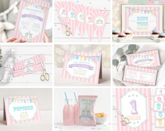 PRINTABLE Pastel Circus/Carnival Party Kit- Pink Stripes | Edit Text in Corjl, Download and Print!