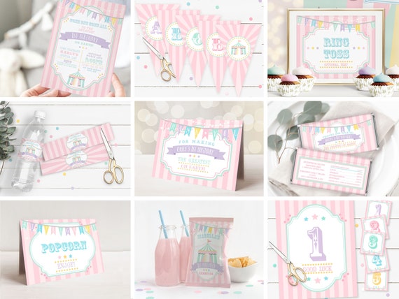 PRINTABLE Pastel Circus/Carnival Party Kit- Pink Stripes | Edit Text in Corjl, Download and Print! Il_570xn
