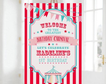 PRINTED Red & Pink Circus/Carnival Welcome Vertical Sign- Red Stripes | Choose Size | Poster or Foam Core | Personalized, Printed, Shipped