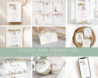 PRINTABLE Vintage Shower Essentials Bundle- Baby Girl | Edit Text in Corjl, Download and Print!