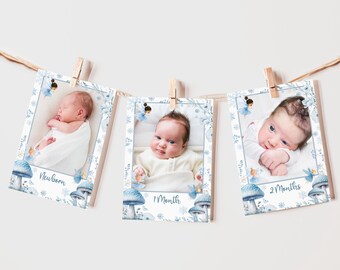 May include: Three white photo frames with blue and white floral borders and a baby in each frame. The frames are hanging from a string with clothespins. The frames are labeled "Newborn", "1 Month", and "2 Months".