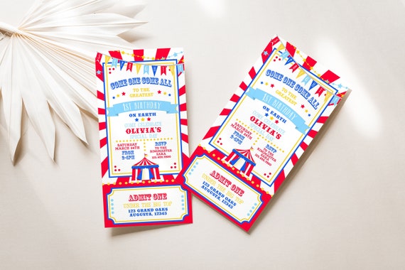 PRINTABLE Bright Red & Royal Blue Circus/Carnival Ticket Invitations- Burst | Includes 4 x 8 and 4 x 9 Sizes | Edit Text, Download, Print! Il_570xn