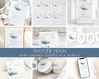 PRINTABLE Over the Moon Baby Shower Essentials Bundle- Blue | Edit Text in Corjl, Download and Print!