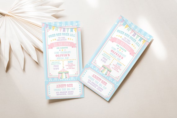 PRINTABLE Pastel Circus/Carnival Ticket Invitation- Blue Stripe | Fully Editable Text | Edit Text in Corjl, Download and Print! Il_570xn