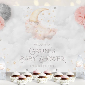 Editable Over the Moon Baby Shower Backdrop Digital Pink Moon Welcome Sign Customizable Celebration Baby Poster Digital Download