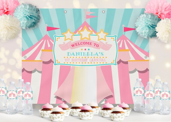 PRINTED VINYL Pink & Teal Circus/Carnival Backdrop | Choose 4' x 6' or 8' x 10' | Personalized, Printed, Shipped Il_570xn