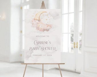 PRINTABLE Over the Moon Baby Shower Welcome Sign- Pink |  7 Sizes Included | Edit Text in Corjl, Download and Print!