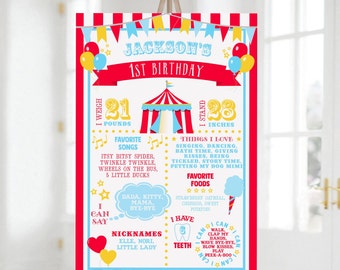 PRINTABLE Bright Red & Light Blue Circus/Carnival 1st Year Milestone Sign- Red Stripes | 3 Sizes Included | Edit the Text, and Print!