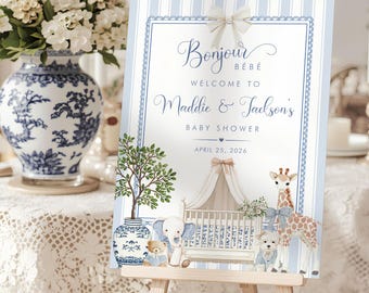 Placa de boas-vindas para chá de bebê com tema francês: Chinoiserie azul e branca, texto editável, modelo para impressão.