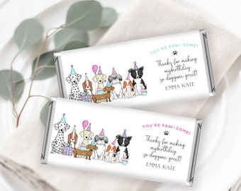 Chocoladerepen wikkel voor verjaardag hond: roze puppyfeestje (afdrukbaar)