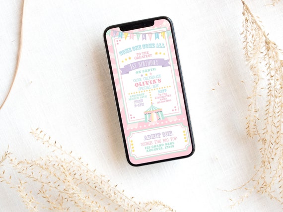 Pastel Circus Smart Phone Invitation- Pink Burst | Text Message Invite | Circus Baby Shower | Edit in Corjl, Download, and Send! Il_570xn