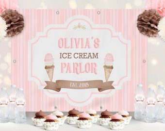 PRINTABLE Ice Cream Party Backdrop- Stripes | 4' Feet Tall x 6' Feet Wide | Customer Can Edit Text in Corjl App