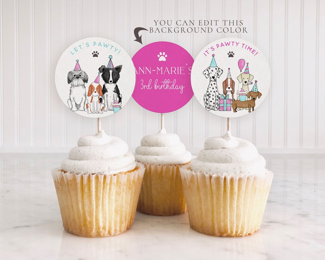 PRINTABLE Let's Pawty Cupcake Toppers- Pink | 2 1/2" Inch Circles | Dog/puppy Party | Fully ...