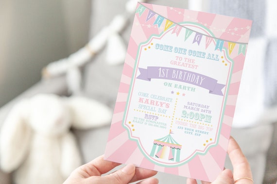 PRINTABLE Pastel Circus/Carnival Invitation- Pink Sunburst | Fully Editable Text | Edit Text in Corjl Design App Il_570xn