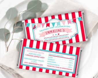 PRINTABLE Red & Pink Circus/Carnival Chocolate Bar Wrappers- Red Stripes | Hershey Candy Bar Wrappers | Edit Text in Corjl Design App