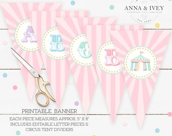 PRINTABLE Pastel Circus Pennant Banner with Editable Letter Pieces | Make Any Wording You Like | Edit Text in Corjl, Download and Print!