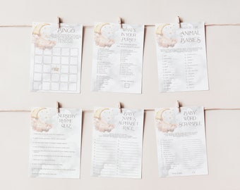 PRINTABLE Over the Moon Baby Shower Games- Pink | Edit Text in Corjl, Download and Print!